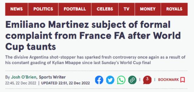 阿根廷门将夺冠后多次嘲弄姆巴佩，法国足协主席正式投诉(