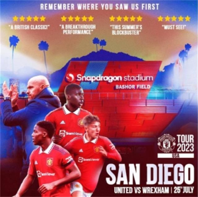 曼联夏季美国行首站圣迭戈，将同英国第5级别联赛雷克瑟姆