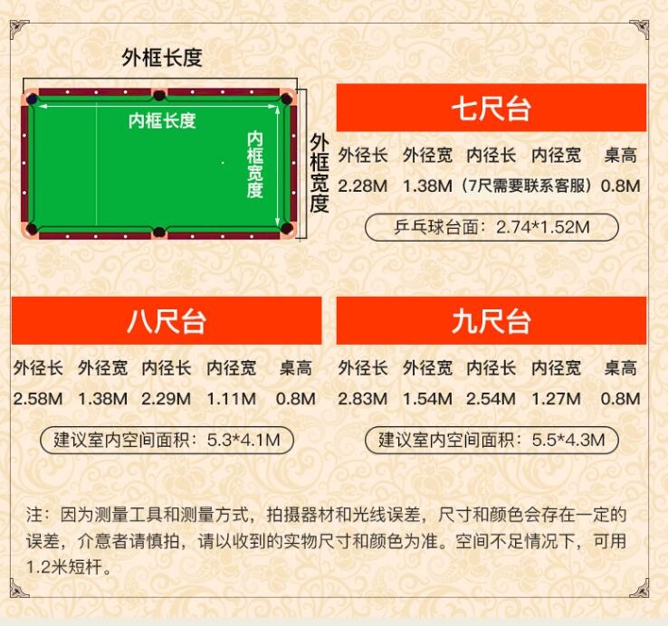 七尺八尺和九尺台球桌分别需要多大平方的空间图1